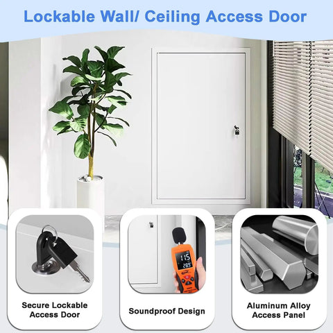 Smooth Paintable Access Panel For Drywall Seamless Wall Cover Flush Mount Door shown in a modern interior setting with a key lock.
