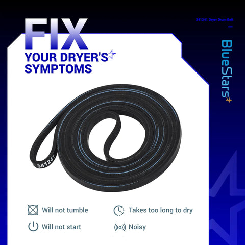 Dryer Drum Belt Replacement 341241 for Whirlpool Kenmore Roper Amana, black with 4 ribs and 3 grooves, coiled on white surface.