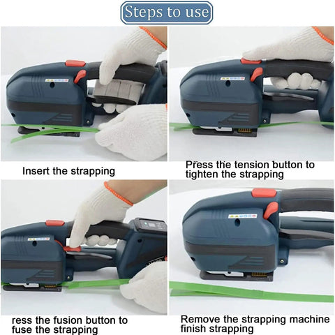 Upgrade Your Packing Game With This Badass 3-In-1 Electric Strapping Machine. Demonstration of strapping process steps.