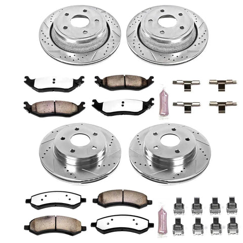 Front And Rear Brake Kit With Carbon Fiber Ceramic Pads And Drilled And Slotted Rotors For Chrysler Aspen 2007 2009 shown
