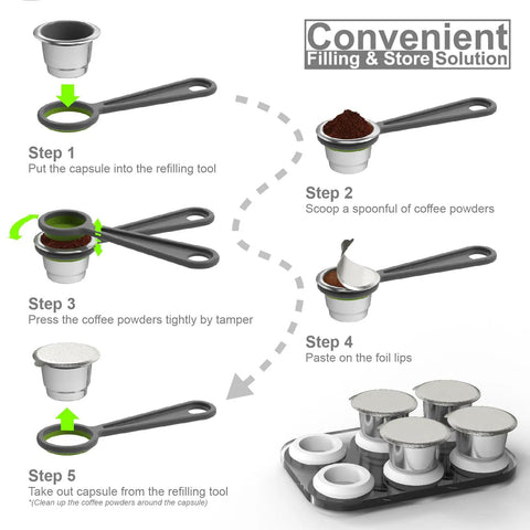 OriginalLine Compatible Reusable Coffee Pods Set With Stainless Steel Capsules Six Pods Plus 100 Lids And Storage Board Instructions
