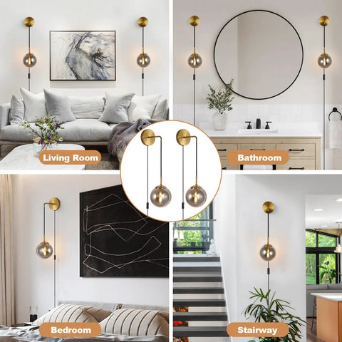 Set Of 2 Plug-In Wall Sconces With Brushed Brass Finish And Smoke Grey Glass Globes in living room, bathroom, bedroom, stairway scenes