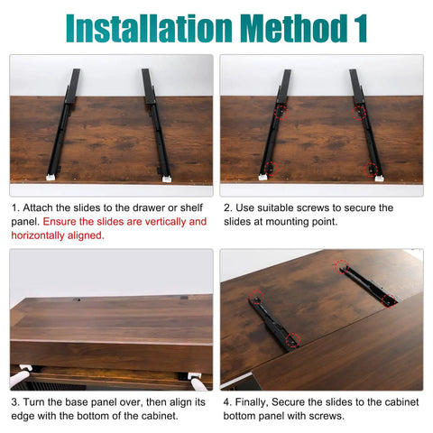 Installation steps for Heavy Duty Undermount Drawer Slide Bottom Mount Shelf Rail Kit on a wooden surface.