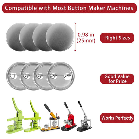 200 Sets Of 25mm Button Making Supplies With 800 Pieces Total Includes 0.98 Inch Metal Blank Badges And Paper Inserts For DIY Button Maker Machines Fully Compatible With Most 1 Inch Button Makers showing metal blanks, back covers, and button machines.