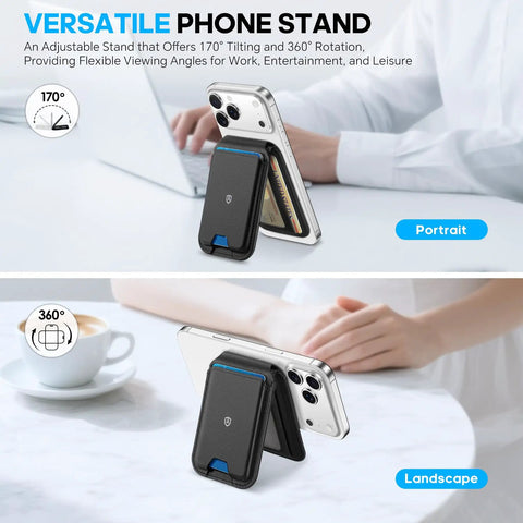 Genuine Leather Magnetic Wallet for MagSafe with Stand, 6 Card Slots, showing portrait and landscape phone stand angles