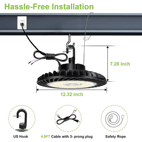 Led High Bay Light 150W 19,500 Lumen 5000K Dimmable 0 to 10V With 5ft US Plug Cable hanging installation guide