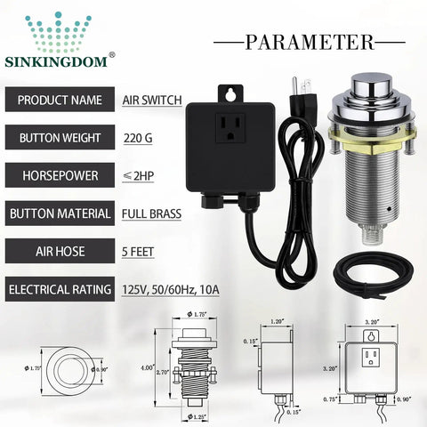 Chrome Long Button Air Switch Kit for Garbage Disposal and Dishwasher with full brass button and black outlet, 125V rating details