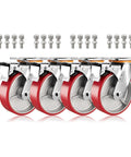 Built Tough Heavy Duty Plate Caster Replacement Set Featuring Dead Silent Polyurethane Wheels, four red casters with bolts.