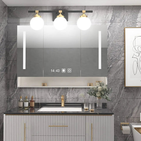 Mid Century Modern Bathroom Vanity Light Fixture Set With Three Lights Milky White Glass Shades Black And Gold Finish