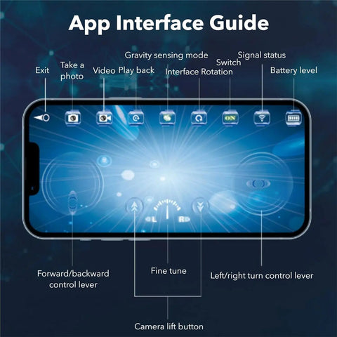 Pro Grade Underwater Drone With Bionic Manta Ray Design app interface on smartphone screen showing controls and features