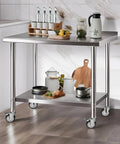 Stainless Steel Commercial Workbench 30 By 36 Inch With Caster Wheels NSF Certified Heavy Duty Table Cart For Restaurant Kitchen Or Garage Dual Storage Shelves 470 Lb Top Capacity And 350 Lb Undershelf Capacity in kitchen setting