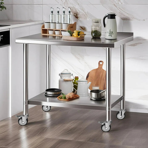 Stainless Steel Commercial Workbench 30 By 36 Inch With Caster Wheels NSF Certified Heavy Duty Table Cart For Restaurant Kitchen Or Garage Dual Storage Shelves 470 Lb Top Capacity And 350 Lb Undershelf Capacity in kitchen setting