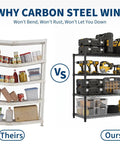 Comparison image of Heavy Duty Four Tier Wire Shelving Rack For Garage And Home Office against standard shelf, showcasing sturdy storage.