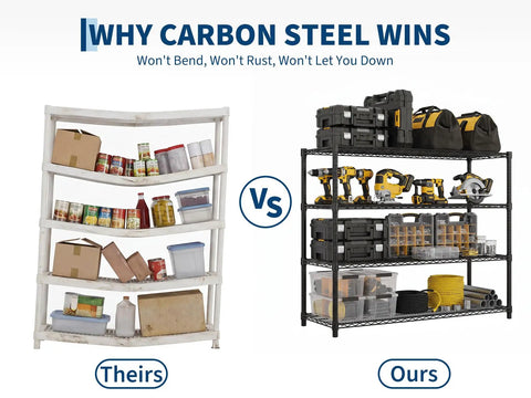 Comparison image of Heavy Duty Four Tier Wire Shelving Rack For Garage And Home Office against standard shelf, showcasing sturdy storage.