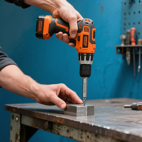 Person using a power drill with a 5 Piece Damaged Screw Extractor Set For Stripped Screws Easy Removal And Quick Fixes Ideal Gift For Men Dad Boyfriend Husband DIY Home Improvement Tool Kit on a metal block.