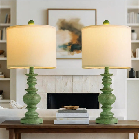 Rustic 27.5 Inch Table Lamp Set of 2 with 3-Way Dimmable Touch Control, USB Ports, displayed on wooden table in living room