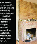 Brick fireplace construction with Fire Block FB 136 gray single-component cartridge, smoke-passage resistant sealant illustrated nearby.