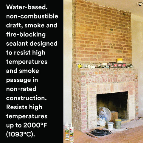 Brick fireplace construction with Fire Block FB 136 gray single-component cartridge, smoke-passage resistant sealant illustrated nearby.