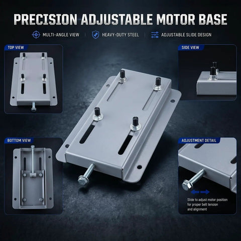 Electric Motor Base Mount Slide Plate For 56 Frame Belt Tension Adjuster With Integrated Roll Tracks showing multi-angle views and adjustment details.