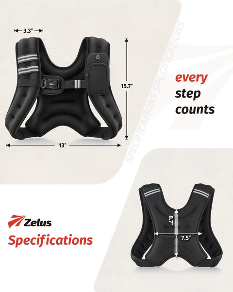 Front and back view of Hardcore Weighted Vest Packed With Fine Iron Sand Featuring Bright Reflective Stripes Built Tough For The Daily Workout Grind Strength Lifting Cardio Pounding And Muscle Gain Versatile Fitness Kit Black One Size with dimensions.