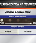 Premium White Wood Filler 16 oz 3 in 1 stainable grain filler and sealer comparison shot with color customization chart