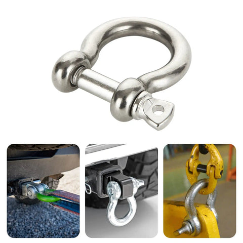 Built Tough 304 Stainless Steel D Ring Shackles 6-Pack Heavy Duty 1/2 Inch displayed with attachment uses in towing and rigging.