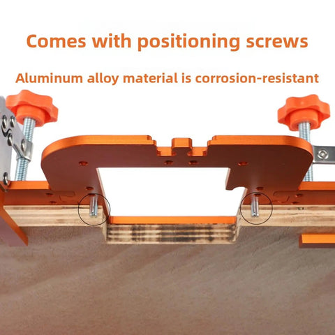 Rock Solid Aluminum Router Corner Radius Template With Bolt Down Fixing Clamp showing corrosion-resistant aluminum and positioning screws.