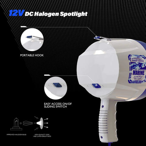 Corded Handheld Boat Spotlight 12V DC Halogen 1200 Lumens Beast Bright Wide Beaming Glare Free Beam Rugged ABS Casing 8 Foot Cord