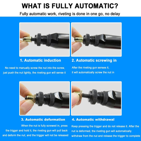 Images showing the process of No Nonsense Heavy Duty Pneumatic Rivet Nut Pliers Set with M3 to M12 tips and 7mm adjustable stroke.