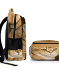 Side view of Green Eye Golden Cat Printed Unisex Backpack With Large Capacity, Durable Breathable Polyester, Smooth Zipper.