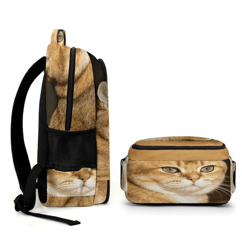 Side view of Green Eye Golden Cat Printed Unisex Backpack With Large Capacity, Durable Breathable Polyester, Smooth Zipper.