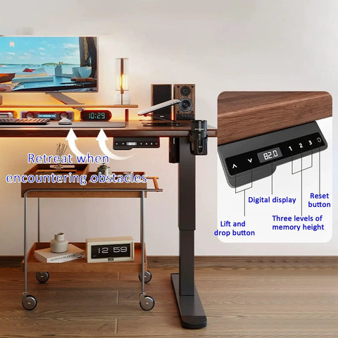 Brown Adjustable Standing Desk With Three Memory Buttons And Anti Collision Safety Tech For Home Office Setup showing digital display and buttons.