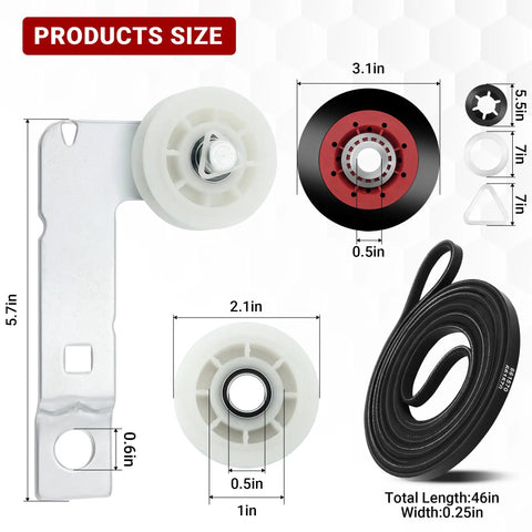Dimensions of Premium 4392067 Dryer Repair Kit With W10837240 Idler Pulley And WPW10314173 Roller, Includes belt and parts