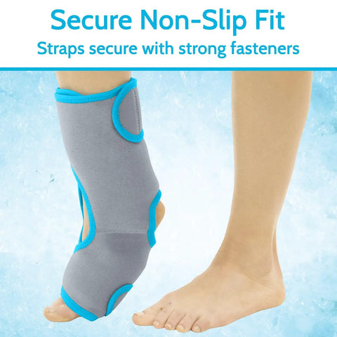 Ankle Ice Pack Wrap For Foot And Ankle Pain Relief With Hot And Cold Therapy, Adjustable Compression Brace showing secure non-slip fit.