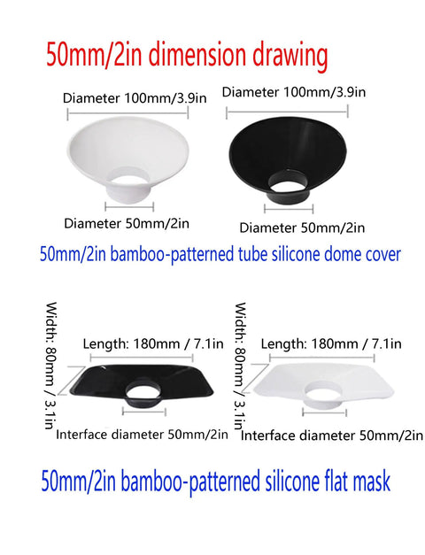 50mm dimension drawing of silicone dome and flat mask covers, black and white