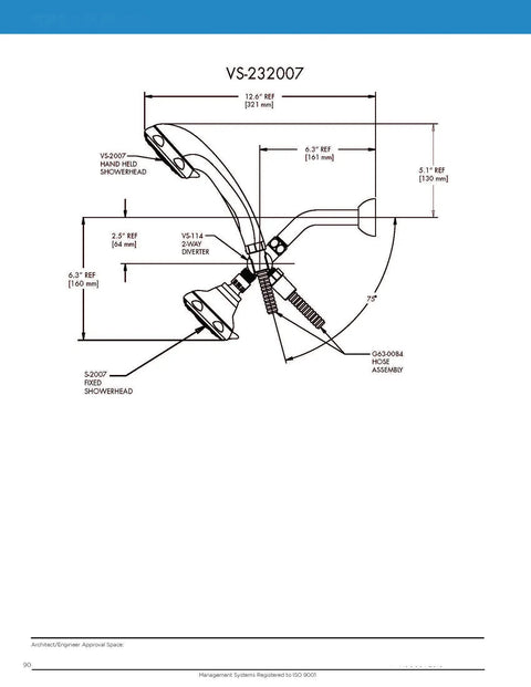Technical diagram of Napa Anystream 2-In-1 Shower Combo With Fixed And Hand Heads 360 Degree AnyStream Technology, showing dimensions.