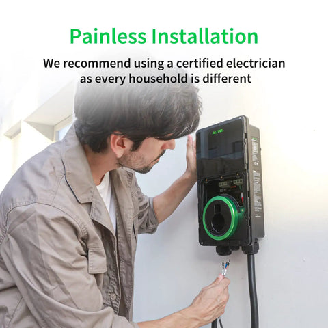 Level 2 EV Charger 50 Amp Smart AI Electric Vehicle Charger With Wi Fi And Bluetooth EVSE installation on wall by man