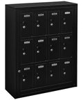 Built Different 12 Door Tablet And Cell Phone Locker Featuring Keyed Differently Locks, solid black metal design with 12 separate slots.