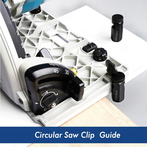 Circular saw setup with pro grade tall stair gauges for framing squares, anti slip anodized aluminum alloy layout tools in use