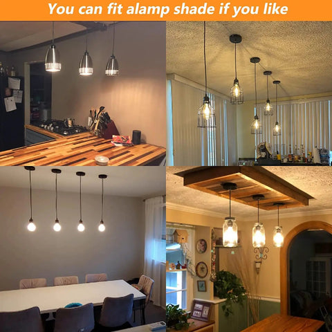 Industrial Mini Pendant Light Kit with E26 E27 Base in varied home settings showing Edison vintage style and easy installation 8 pack.
