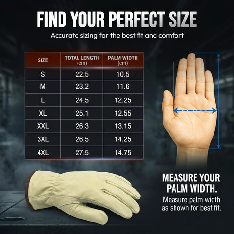 12 Pair Large Leather Work Gloves sizing chart with palm width guide and glove illustration for Tough-As-Nails fit