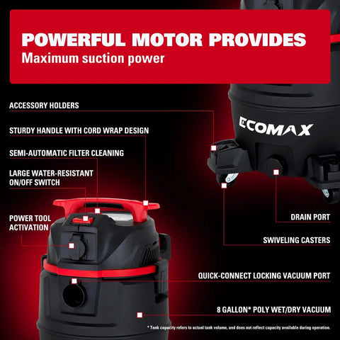 Diagram of Dual-Mode Wet Dry Vacuum With Auto Tool Activation, 8 Gallon Workhorse, highlighting features like accessory holders.