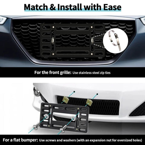 Universal Front License Plate Bracket Holder No Drill Mount Kit for Cars and Trucks 12 by 6 inch frame installation examples