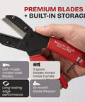 Heavy-duty industrial cutter for plastic, rubber, wood, leather and PEX, showcasing ergonomic handle and replaceable blades in use.