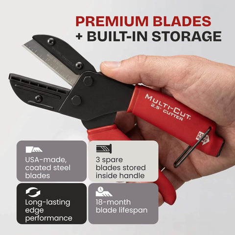 Heavy-duty industrial cutter for plastic, rubber, wood, leather and PEX, showcasing ergonomic handle and replaceable blades in use.