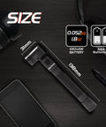 Portable LED Pen Flashlight With 90 Degree Twist Head 150 Lumen Output Clip And Magnet IPX4 Waterproof Handy Mechanic Pocket Light For Tight Spaces 4 Mode Settings 2 AAA Batteries Included shown with dimensions and weight, alongside various gadgets on a dark surface.