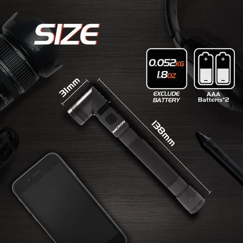 Portable LED Pen Flashlight With 90 Degree Twist Head 150 Lumen Output Clip And Magnet IPX4 Waterproof Handy Mechanic Pocket Light For Tight Spaces 4 Mode Settings 2 AAA Batteries Included shown with dimensions and weight, alongside various gadgets on a dark surface.