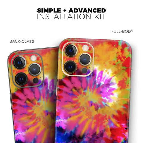 Full Body Skin Wrap Kit for iPhone 11 With Spiral Tie Dye Design, back view showing vibrant colors and camera cutouts.