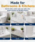 Various bathroom and kitchen surfaces including toilets, marble, baths, sinks, granite, fiberglass, suitable for repair kit use.