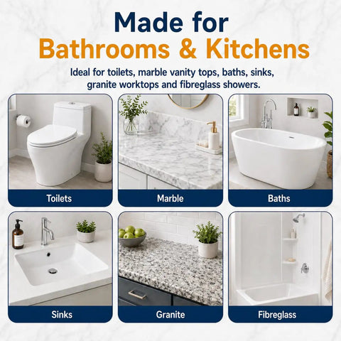 Various bathroom and kitchen surfaces including toilets, marble, baths, sinks, granite, fiberglass, suitable for repair kit use.